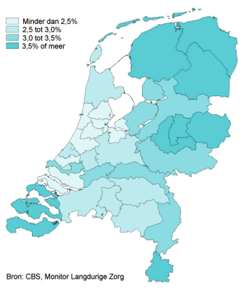 Kaart van Nederland met daarop aangegeven het aandeel volwassenen met een indicatie zorg zonder verblijf per zorgkantoorregio.
